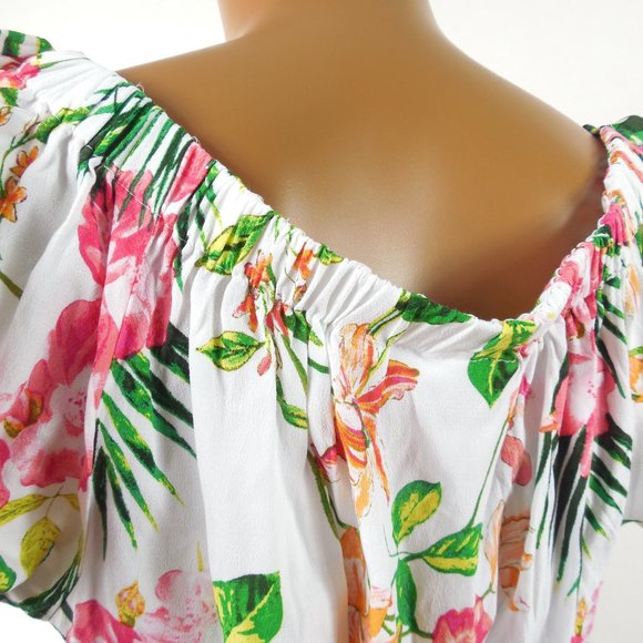 NEW YORK & CO Top M NWT White Floral On & Off the Shoulder Wrap Blouse Tie Waist - Picture 10 of 13